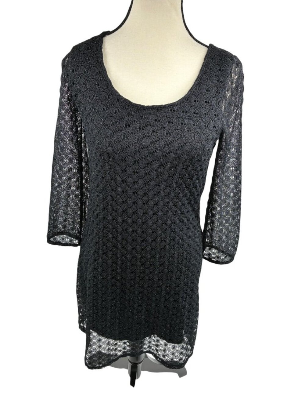 Lucky Brand Womens Black Crochet Knit Mini Dress Keyhole Back 3/4 Sleeve XS